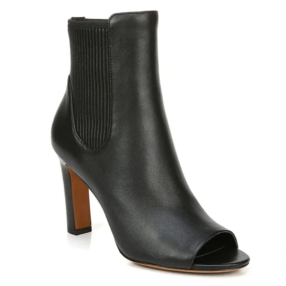 Vince Women’s Elsie Black Leather Peep Toe Ankle Booties Pumps Heel Stretch 5.5 - Picture 1 of 12